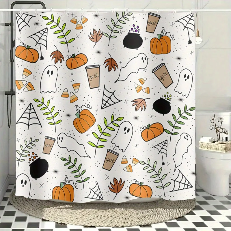 Halloween Shower Curtain Cute Ghost Pumpkin Waterproof Fabric Bathroom Decor Spiderweb Candy Corn Bath Screen With Hooks