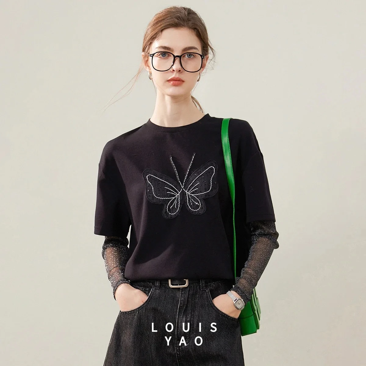 

LOUISYAO Design Long Sleeve Fake Two Pieces T-shirt 2025 Spring Tops Butterfly Embroidery Loose Graphic Women's Tees