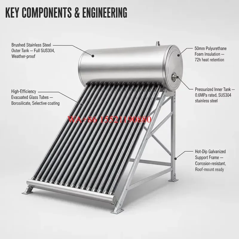 WMWMNU for 200L Compact Pressurized Solar Water Heater Evacuated Tube A+++ Full SUS304 Stainless Steel Tank 50mm Insulation