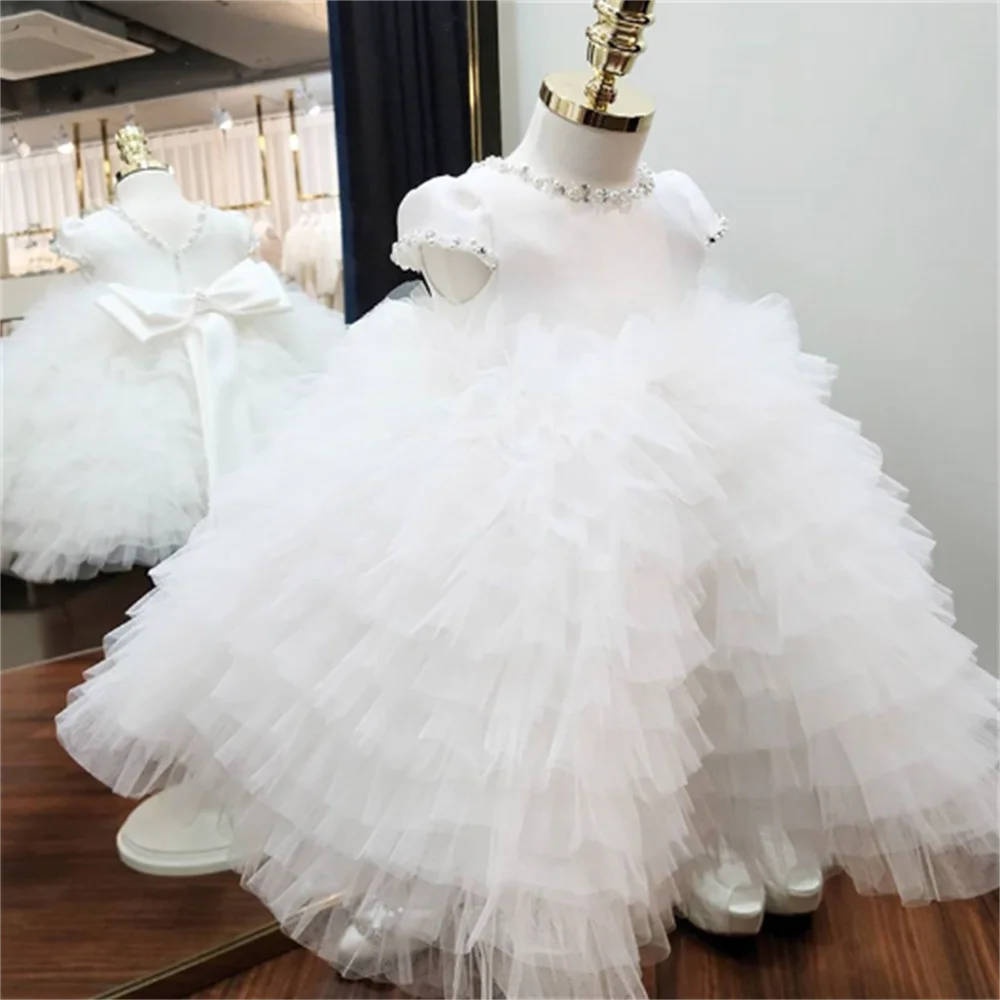 White Girl Dresses for Weddings Tulle Princess bead Gauze cake Gowns Party Pageant Dress For Girls