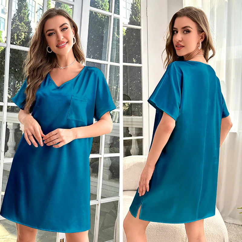 Women Sleepwear Ice Silk Long Nightie Loose Short Sleeve V Neck Sleep Dress Sexy Satin Nightdress Cool Feeling Thin Homewear