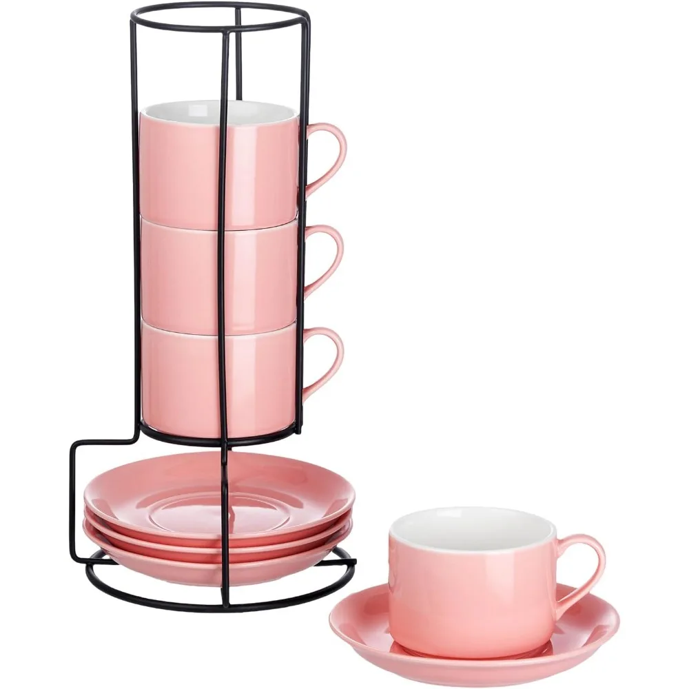 Coffee Cups Set of 4, 3/5/8/10oz Stackable Coffee Cups Set with Saucers and Metal Stand, Suit for Cappuccino, Latte, Americano