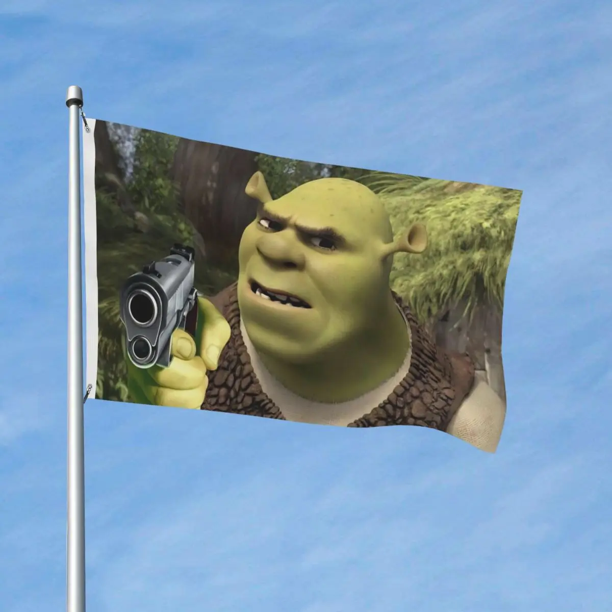 Holding A Gun Shreks Funny Flags Double Sided Outdoor Banner 2 Grommets Home Room Dorm Wall Decor 90x150cm