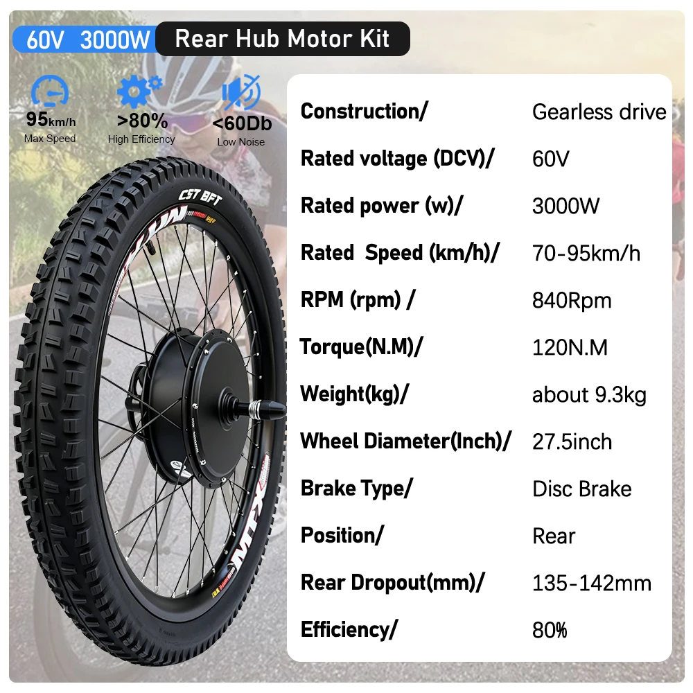 MTX Rim Electric Bike Conversion Kit  60V 3000W EBike 27.5inch Brushless Rear Hub Motor Bicycle Wheel Kit With SW900 LCD Display