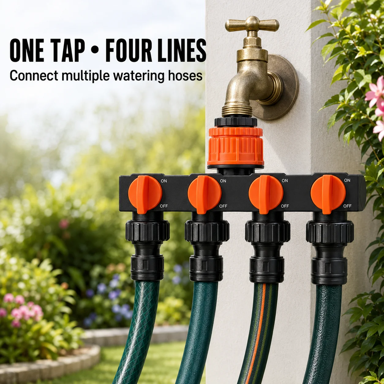 4 Way Garden Hose Splitter with Individual Valves, Faucet Water Distributor for Irrigation and Outdoor Watering