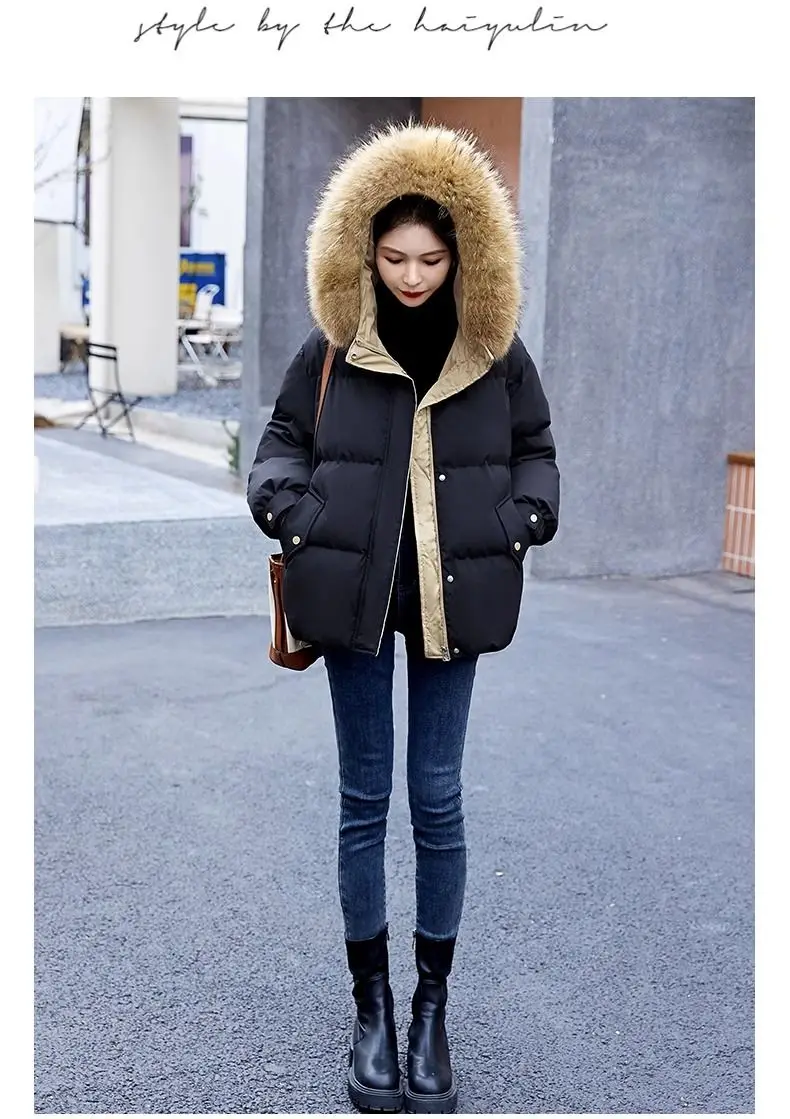Down Cotton Jacket For Women Short Thickened 2026 Winter New Big Fur Collar Loose Cotton Coat Women's Warm Hooded Jackets Parker