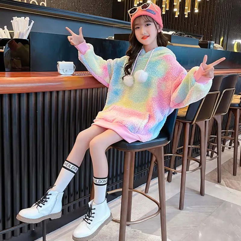 3-8-10-14 Girls sweater clothes winter and spring hoodie Korean version children\'s hoodie thickened fleece sweater mid-length