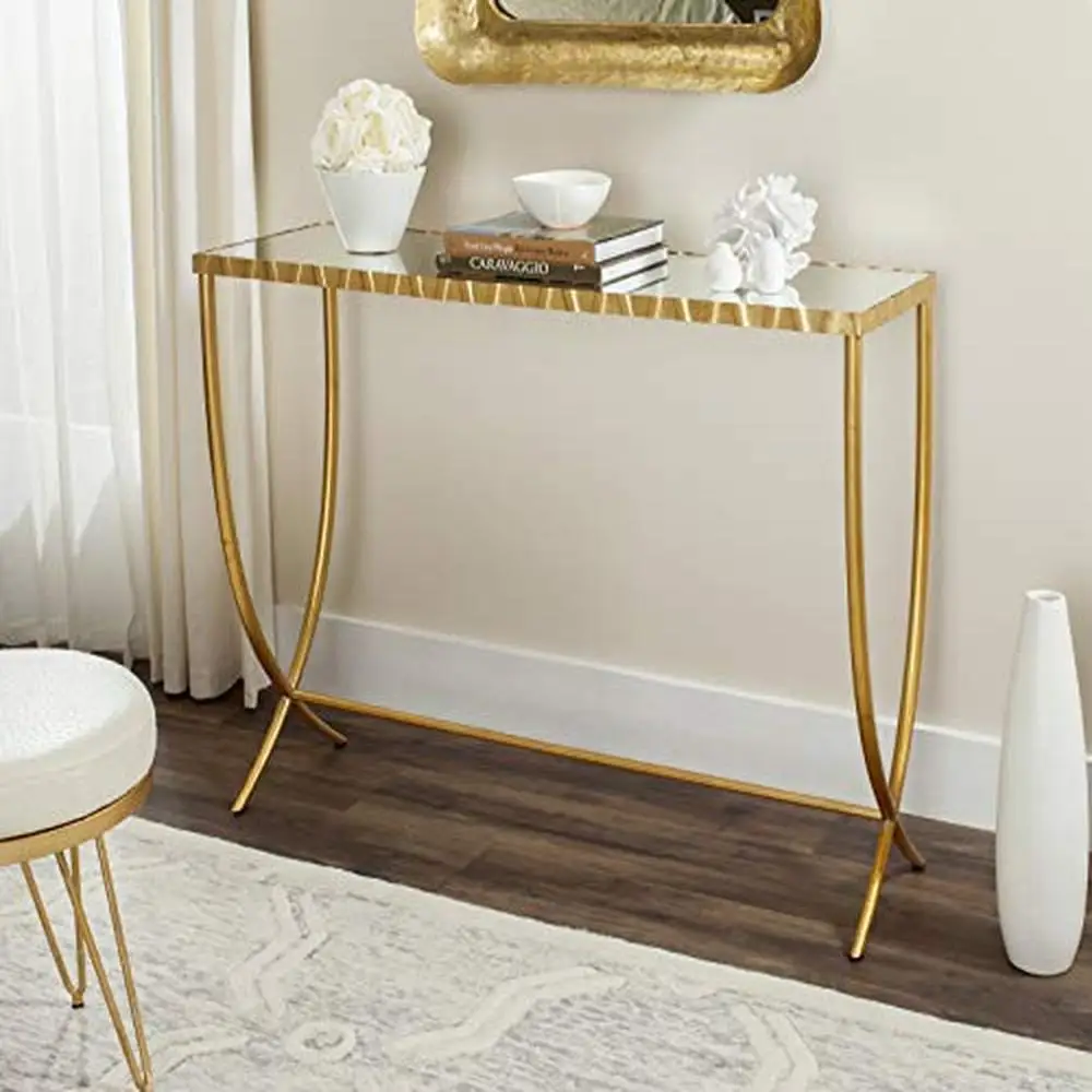 Modern Iron Console Table with Mirror Top Living Room Bedroom Library Gold Finish & Rectangular Shape High Quality Craftsmanship