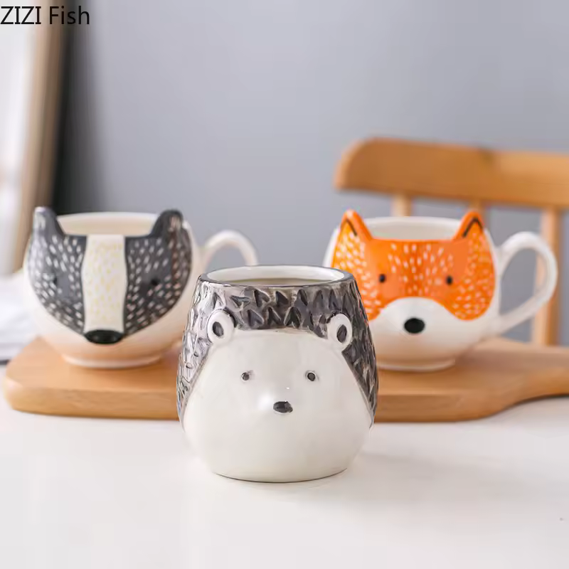 Cartoon Animal Head Mug Ceramic Cup Milk Coffee Cup Fox Elk Hedgehog Cute Animal Mug Children's Breakfast Mugs Christmas Gifts
