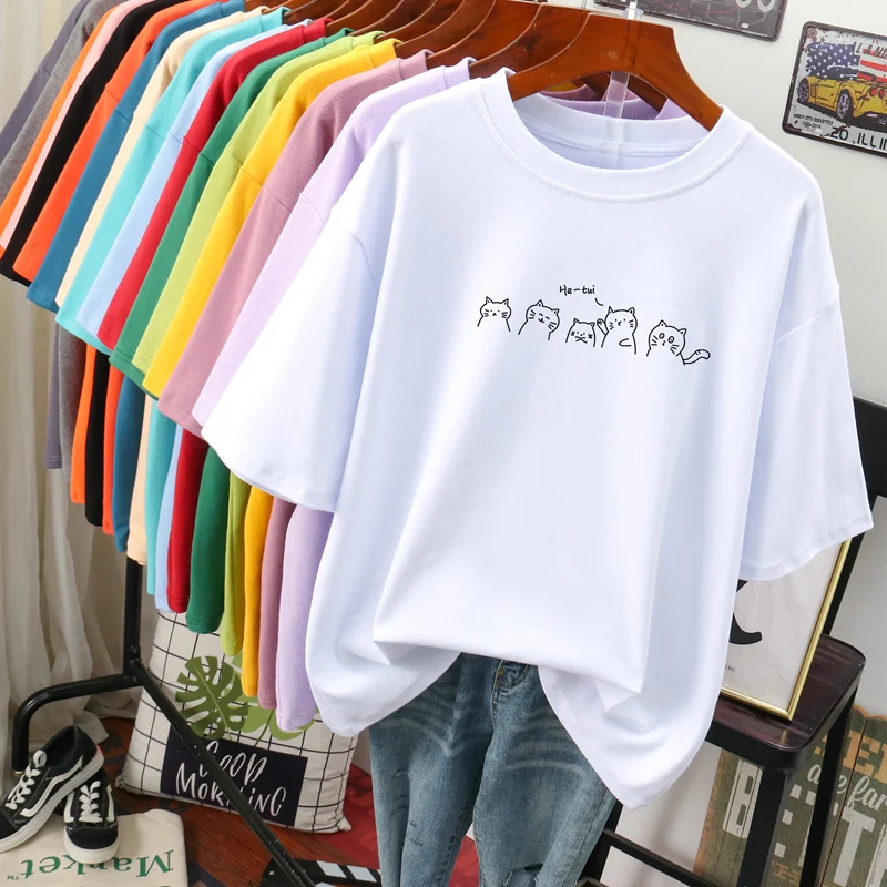 plus Size Extra Large 300 Pounds White Cotton Short Sleeve Women's T-Shirt Loose Fit Korean Style Slimming Belly Covering Tre...
