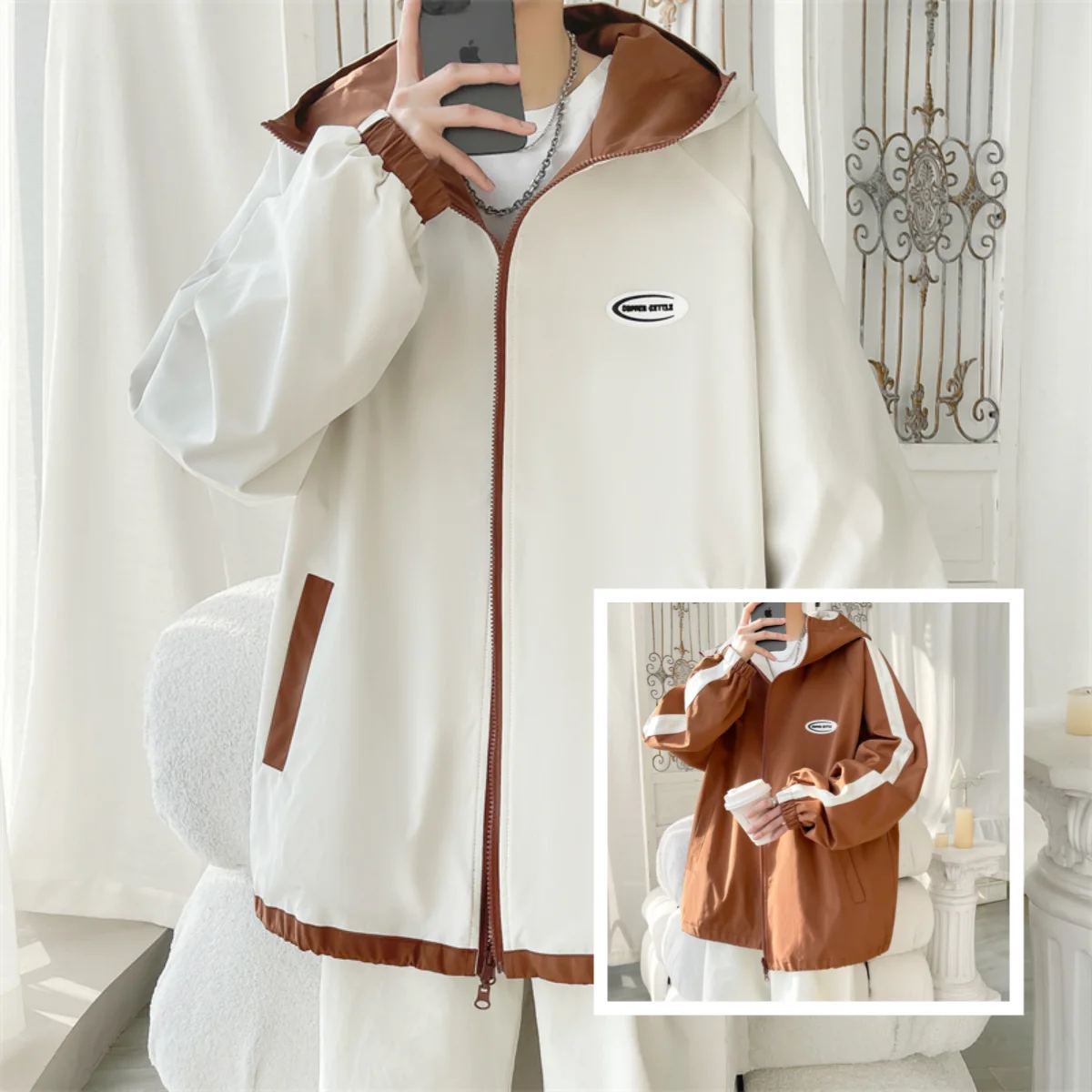 

Two-Way Wear Men's Spring Autumn High-Street Pilot Jaet Windproof Long Sve Zipper Closure Loose Fit Faionable Coat