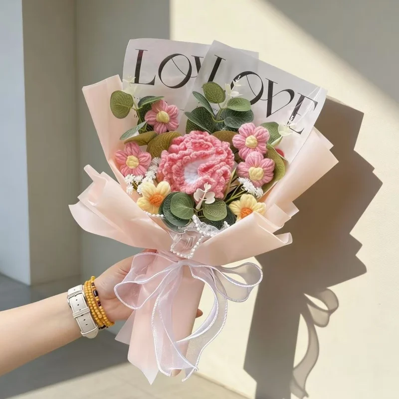 Handgefertigte Fertige Häkelrosen Sonnenblumen Nelken Künstliche Blumensträuße Konservierte Hochzeits-Geburtstags-Abschlussgeschenke – Detail 7