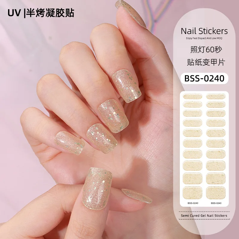 16Tips Shiny Gel Nail Strips Patch Sliders Adhesive Waterproof Long Lasting Full Cover Gel Nail Stcikers UV Lamp Need