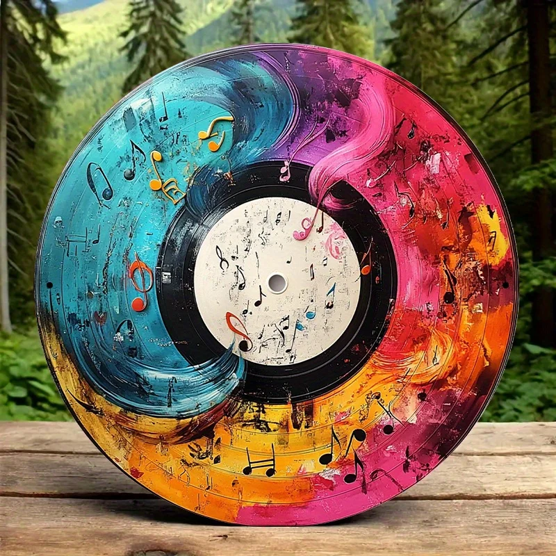 12-Inch Vibrant Vinyl Record Art with Musical Notes – Colorful Aluminum Round Decorative Piece for Home, Office, or Music-Themed