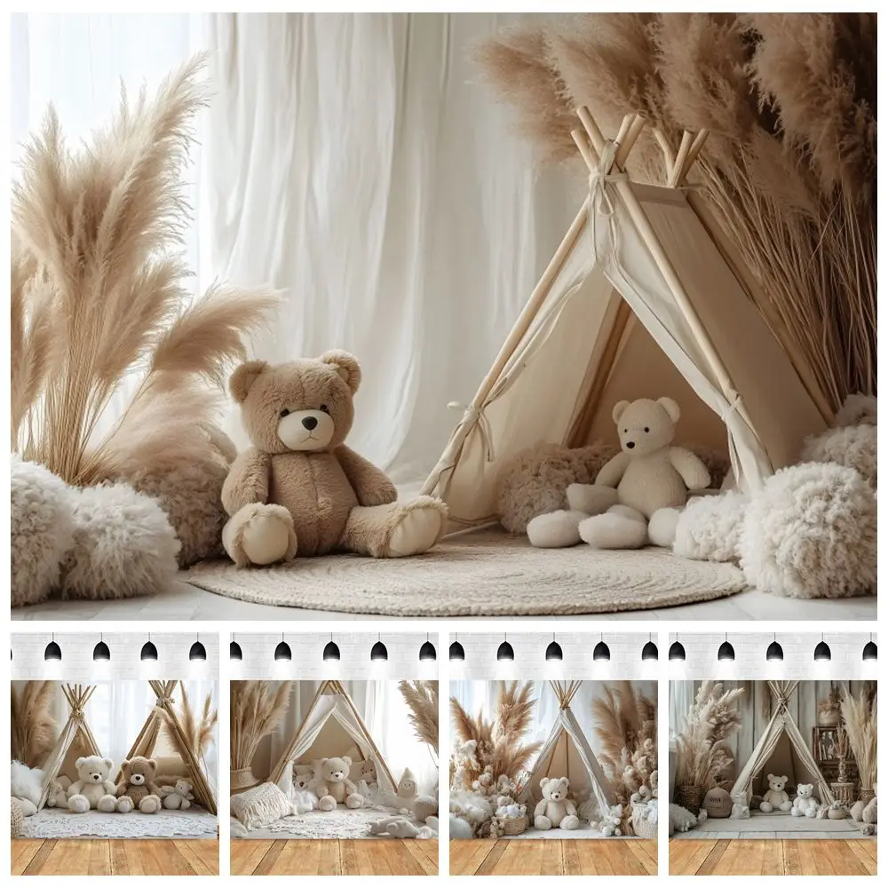 Spring Bohemian Style Photography Backdrop Pampas Grass Tent Bear Baby Shower Kids Birthday Party Cake Smash Photo Background