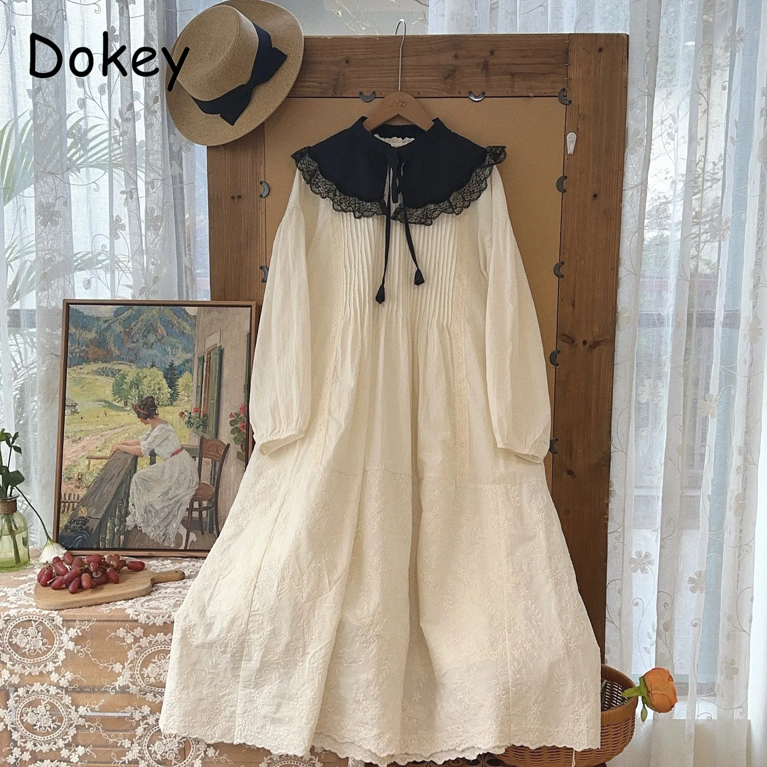 

Vintage Goth Black White Patchwork Cotton Linen Dress Women Spring Doll Collar Long Sleeve A-line Dress Elegant Party Vestidos