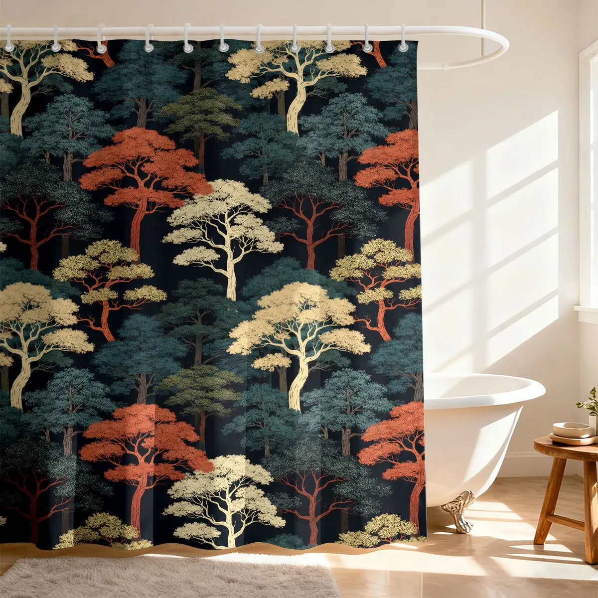 Vintage Woodland Scenery Colorful Trees Repeating Pattern Dark Background Bath curtain, Cozy Soft Warm 
