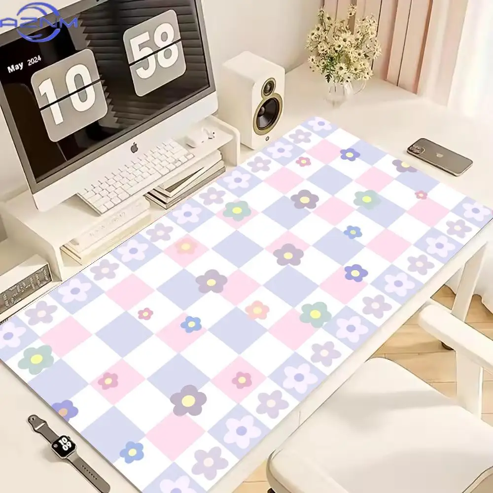 Cute Grid Daisy Floral Gaming Desk Mat Non-Slip Large XXL Mouse Padcm Kawaii Desktop Pad for Home Office Accessories 1pc