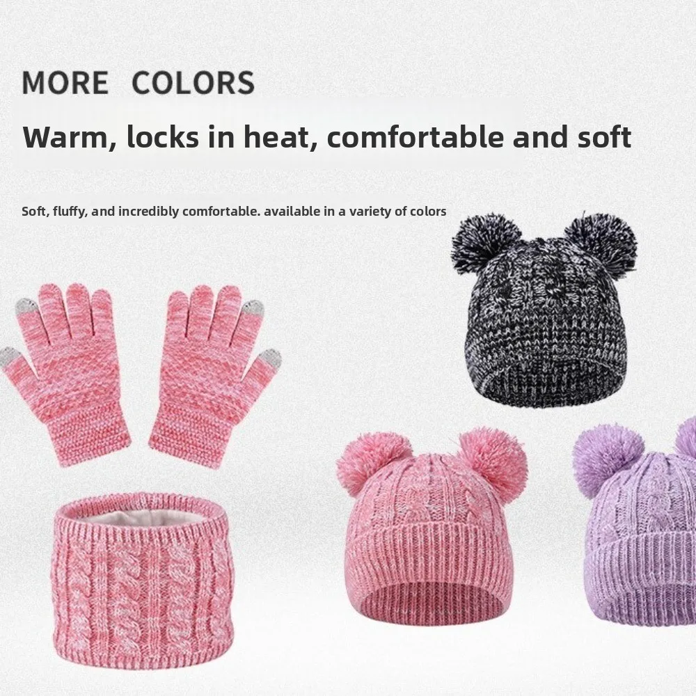 

Casual Cute Pompom Baby Hat Scarf Gloves Set Warm Ears Thickened Toddler Knitted Hats with Velvet Multicolor Hat Set Outdoor