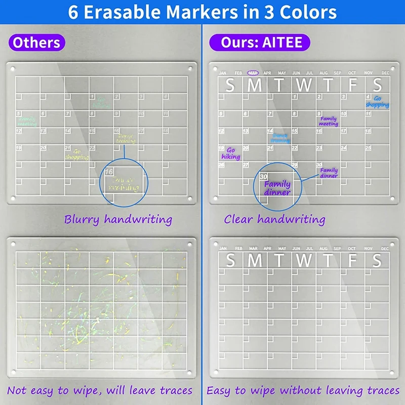 1 Set Magnetic Dry Erase Board Dry Erase Board Calendar For Fridge, 16X12 Inches Clear Dry Erase Calendar Includes 6 Markers