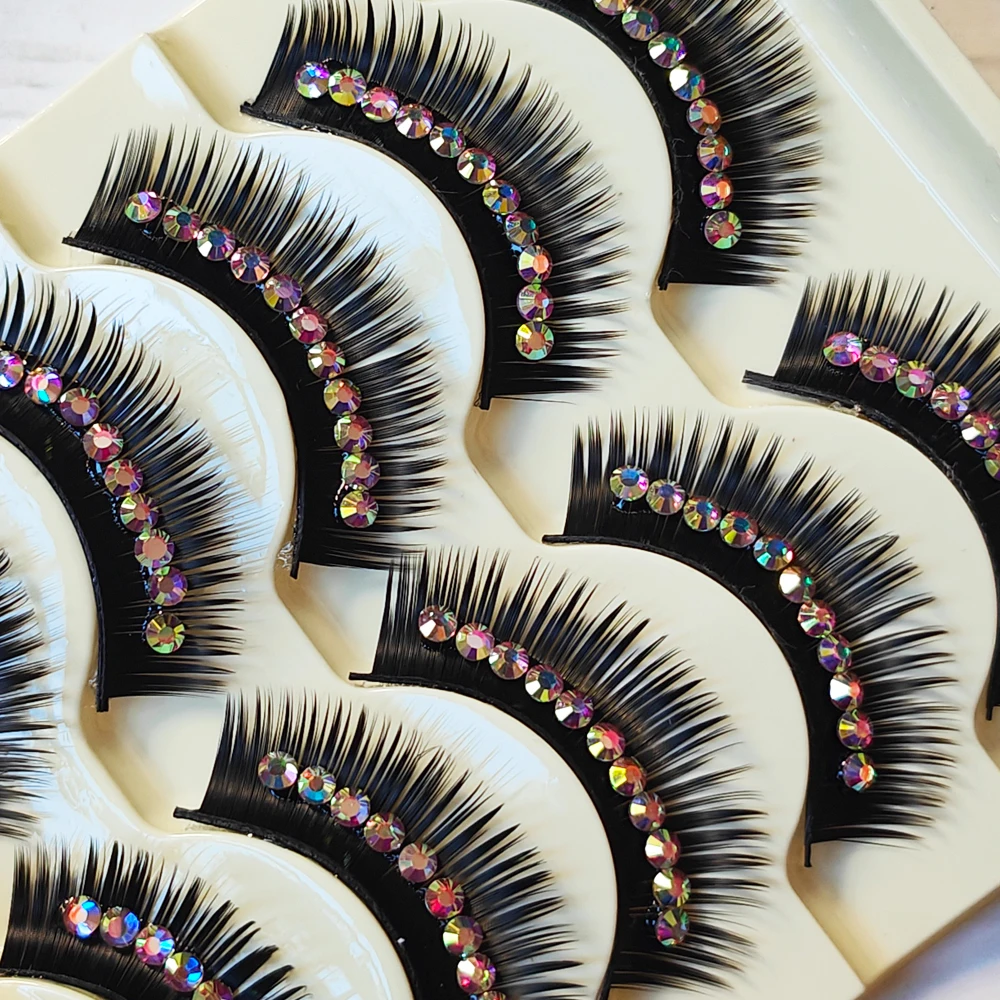 5 ペアメイクアップダイヤモンドつけまつげ長く厚い輝くダイヤモンドまつげパーティーショーキャットウォークハロウィンクリスマスラテンまつげ