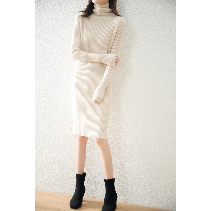 Women's pullover sweater, high neck wool sweater dress, solid color knitted slim fit, new product, 100% wool sweater Full sleeve