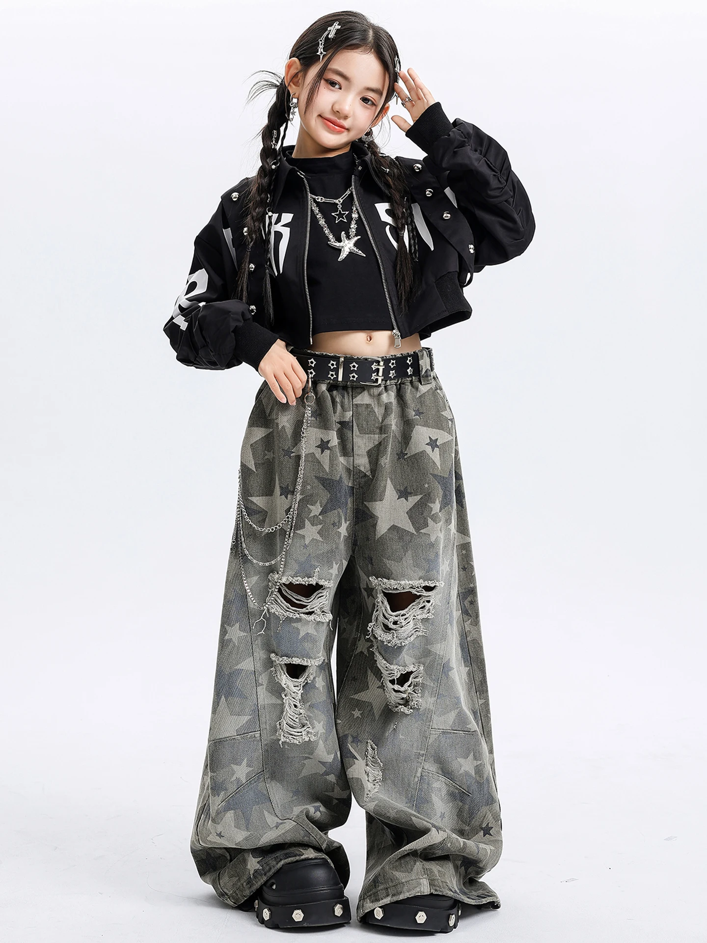 Stroje do tańca hip-hop dla dzieci na rok 2025, dla dziewcząt, krótki płaszczyk, luźne spodnie, odzież uliczna, taniec jazzowy, ubrania rave, DQS21347