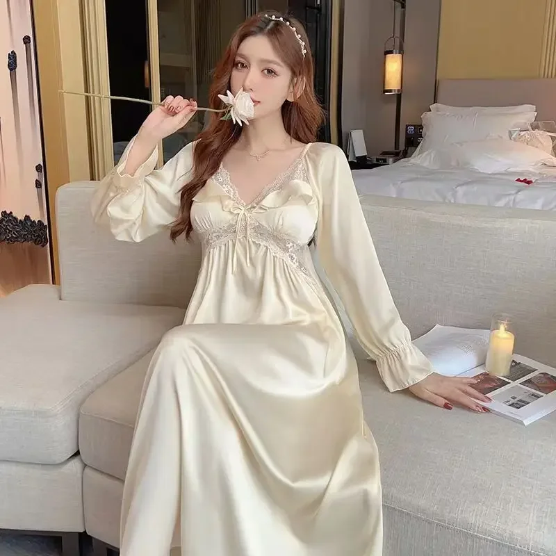 Morning Robe Women\'s Nightgown Long Sleeved Long Style with Chest Cushion Ice Silk Nightgown Women\'s Autumn New Long Skirt 2025