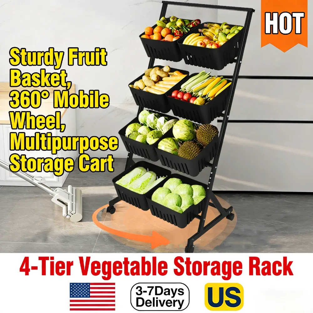 

Kitchen Storage Cart 4-Tier with Rolling Brake Wheels Detachable Metal Fruit Vegetable Basket Wide Capacity Rust-Proof Rack