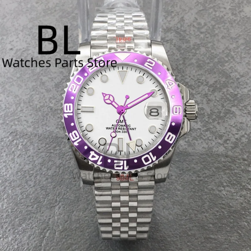 BLIGER Customizable Logo White Dial Purple GMT 40MM Men's Watch Roating Bezel Sapphire Glass Waterproof Reloj Adjusted Barcelet