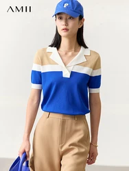 AMII Minimalism Polo Collar Women T-shirt 2023 Summer New Loose Short Sleeves Office Lady Tops Casual Female Knitwears 72322014