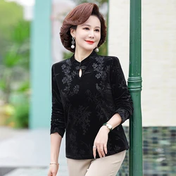Women's Pullover Tops Gold Velvet Shirt Spring and Autumn Office Lady Long Sleeve Middle Age Mother Clothing