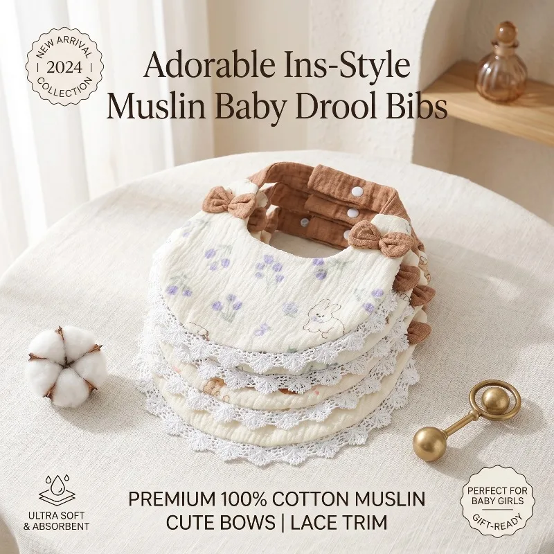 Ins Trendy New Adorable Baby Drool Bibs with Lace Bow Soft Pure Cotton Muslin Bandana for Newborn Baby Girls