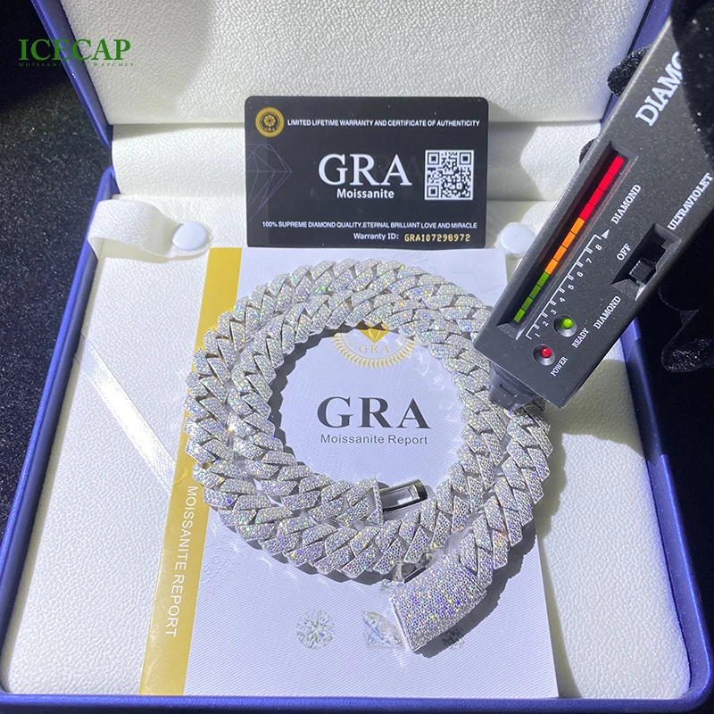 VVS Moissanite .15mm Diamond Iced Out Sterling Silver 925 Cuban Link Moissanite Hip Hop Cuban Link Chain Necklace