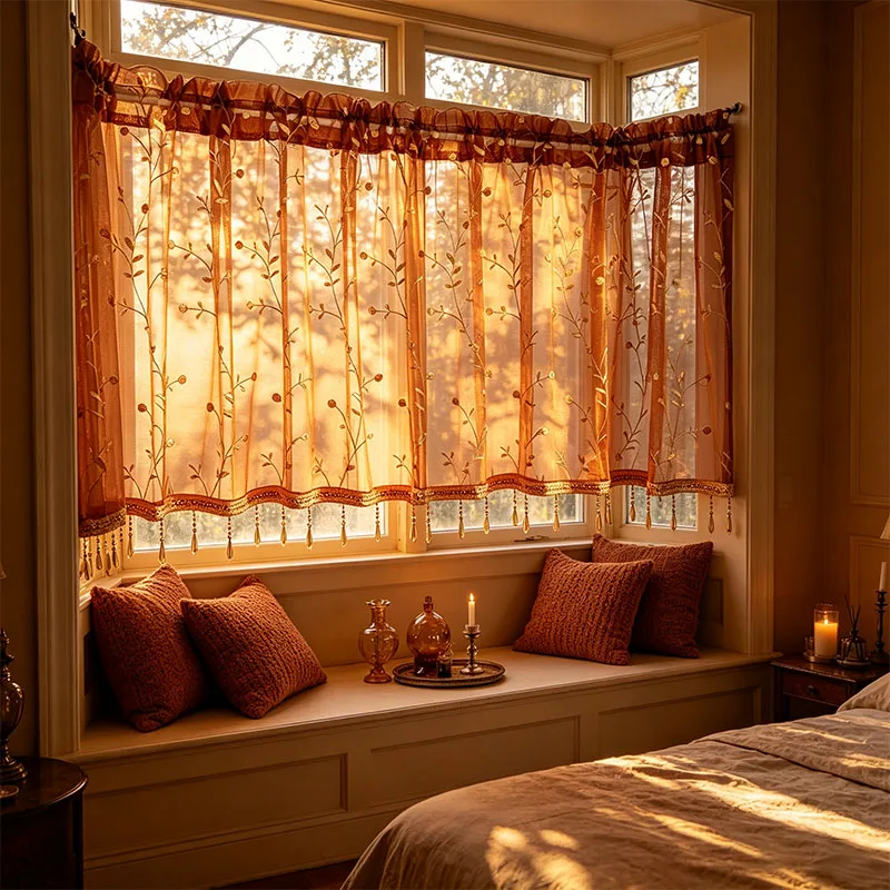 1pc Vintage Autumn Gold Thread Embroidered Coffee Brown Mesh Sheer Valance Short Curtain with Lace Edge and Beaded Tassels