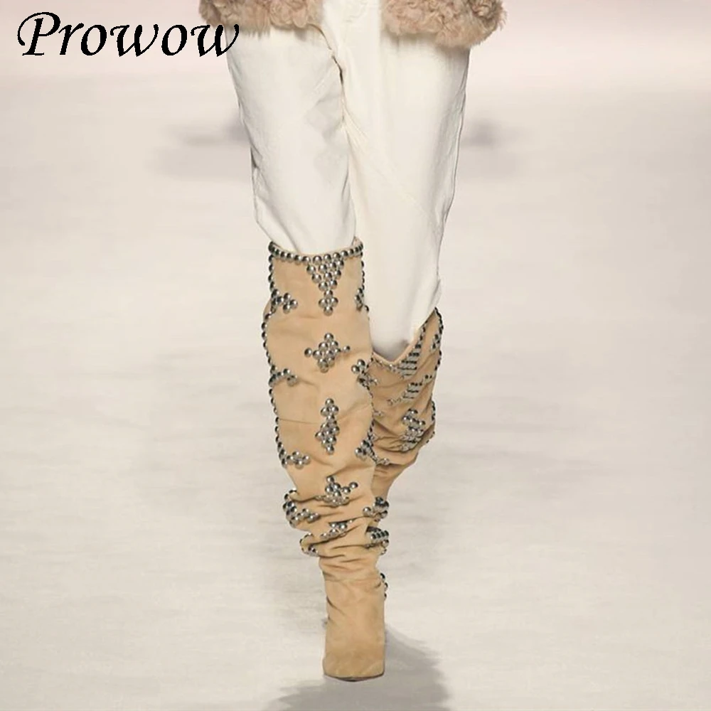 

Сапоги до колена из воловьей кожи с заклепками на высоком каблуке, женская обувь Zapatos Mujer