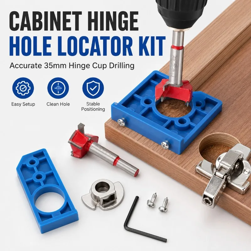 35mm Cabinet Hinge Installation Tool Door Hole Locator Jig Set with Boring Bit Stop Collar for Furniture Repair DIY Hardware