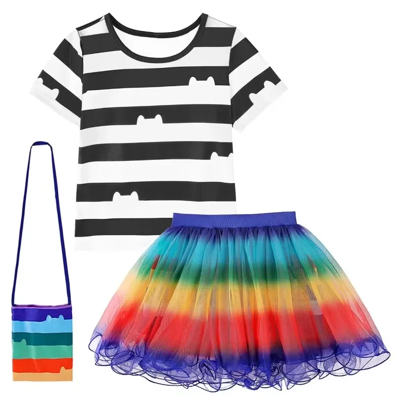 2024 Summer Girls Gabby Dollhouse Cosplay Costume Rainbow T-Shirt + Tutu Skirt +Bag Set For Kids Carnival Birthday Party Clothes