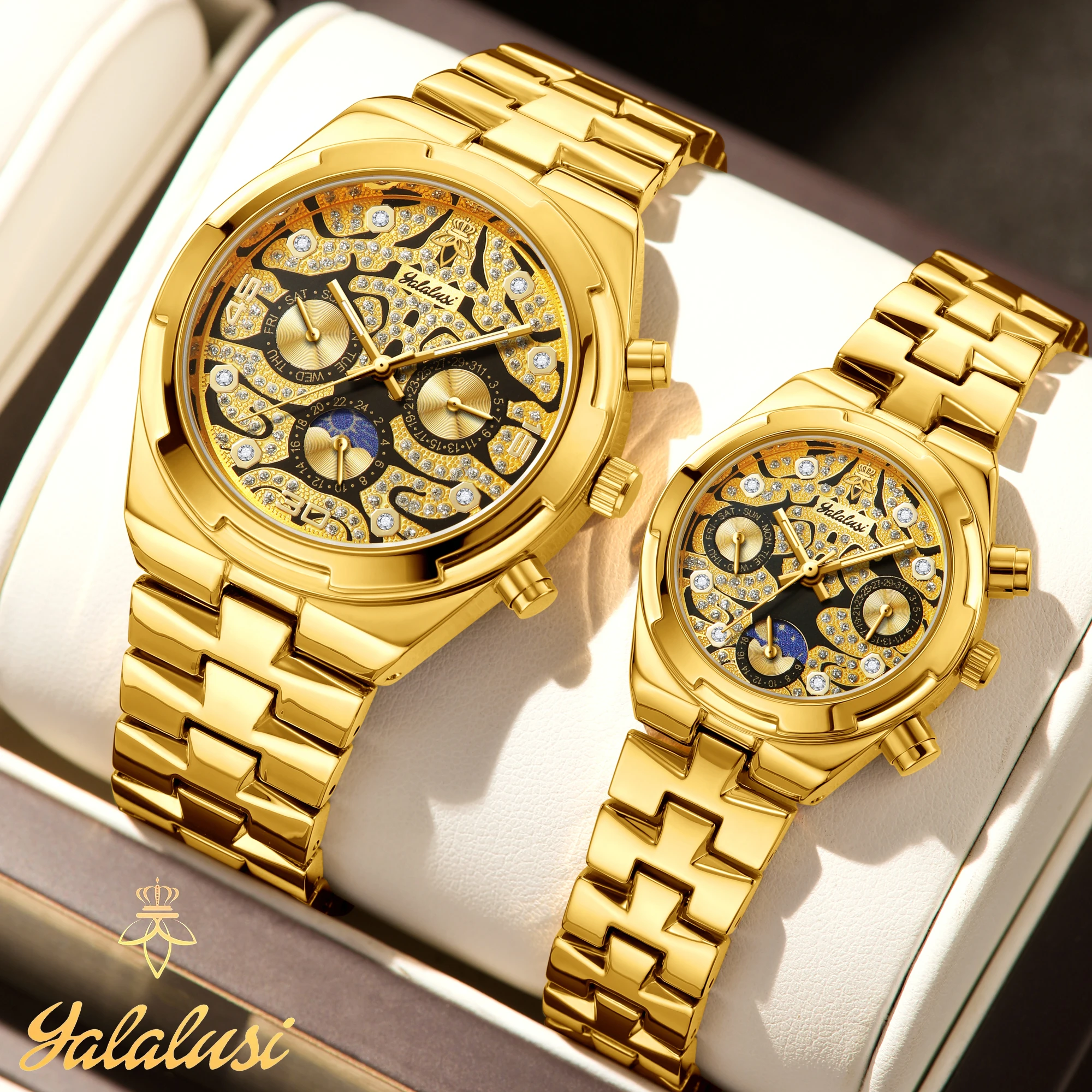 ساعات كوارتز مخصصة للزوجين من YaLaLuSi ساعات زوجين فاخرة مطلية بالذهب وتغليف صندوق هدايا أنيق