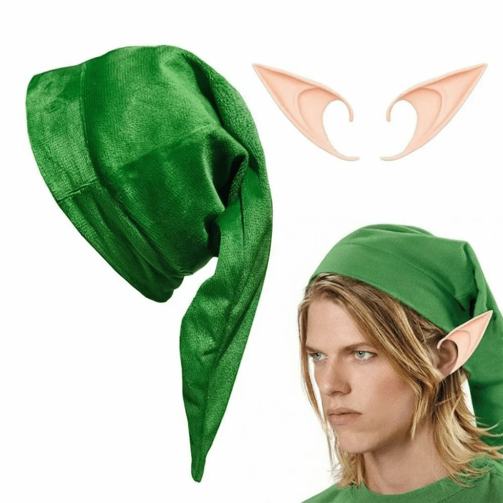 Dress Up Long Pointed Halloween Elf Accessory Set Velvet Green Elf Hat Lightweight Realistic Latex Elf Ears Renaissance Fair