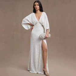 Chic Sequin Bride Wedding Dress Sexy Deep V-Neck Long Sleeve A-Line Floor Length Side Slit Bridal Civil Register Open Back Gowns