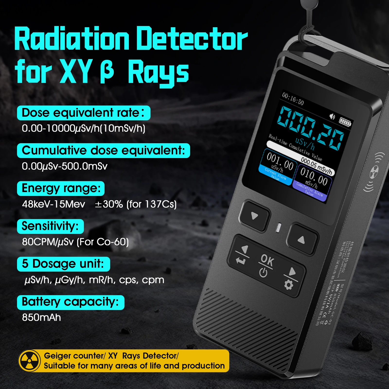 

High-precision nuclear radiation detector supports γ, β, X-ray detection with 850mAh lithium battery direct charging