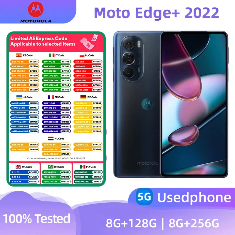Смартфон Motorola Moto Edge+ 2022 XT2201 5g Snapdragon 8 Gen1, 6,7-дюймовый AMOLED-экран, 5000 мАч, 68 Вт, зарядка, 50 МП, камера, используемый телефон