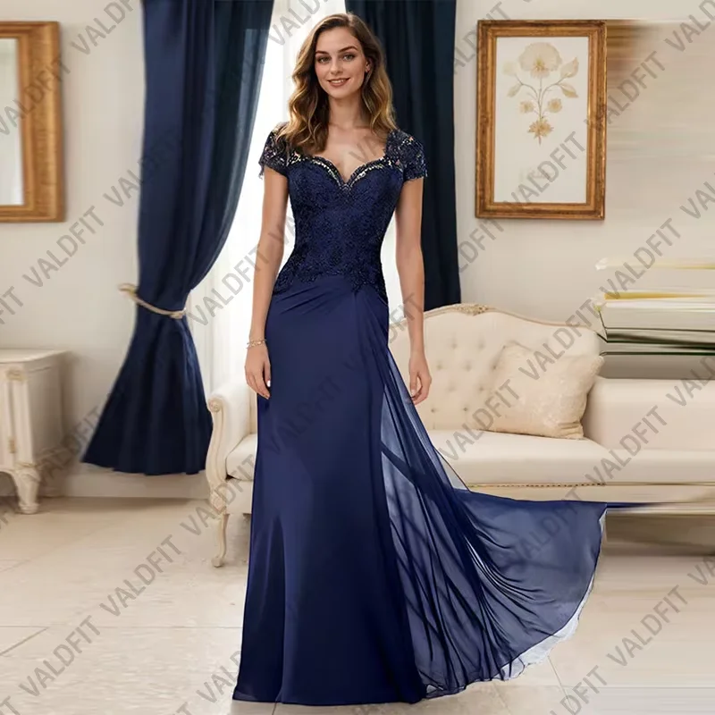 

Customized Navy Blue Mermaid Long Mother Of The Bride Dress Cap Sleeves Ruched Shoulder Prom Evening Party Gowns