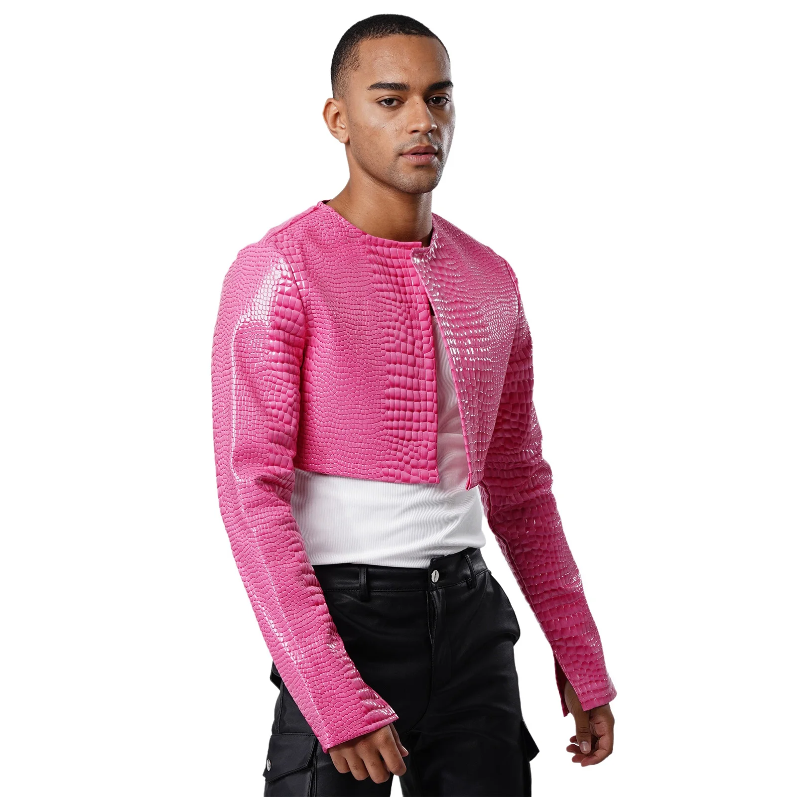 رجل جلد الثعبان النقش فو الجلود اقتصاص سترة طويلة الأكمام مفتوحة الجبهة دراجة نارية سترة مهرجان الهذيان ملابس خارجية للحفلات