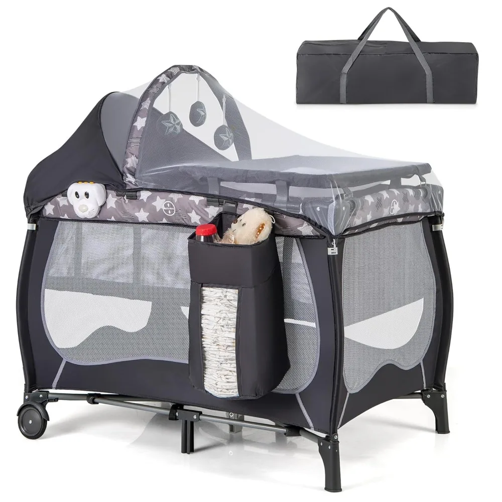 

Pack and Play, 4 in 1 Portable Baby Playard with Bassinet, Changing Table, Lockable Wheels, Music Box, Foldable Travel