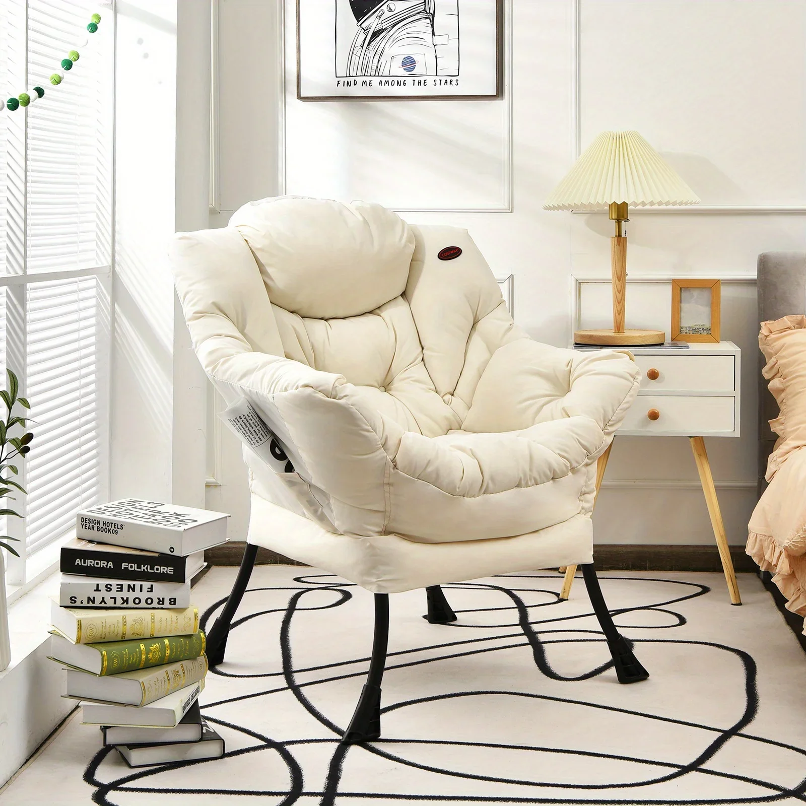 Costway Modern Polyester Fabric Lazy Chair Single Sofa Chair W Side Pocket Beige image 2