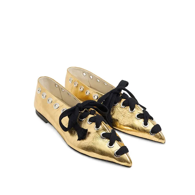 Zapatos planos de encaje cruzado con decoración metálica, sandalias huecas de talla grande con punta estrecha, zapatos de mujer de charol suave
