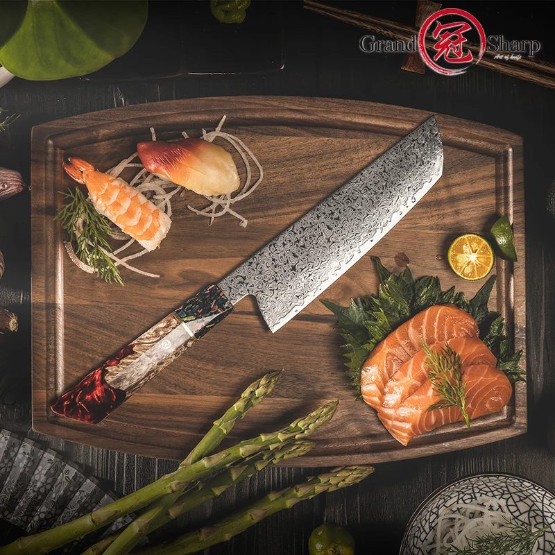 Imagem -03 - Polegada Damasco Chef de Cozinha Faca Aus10 Japonês Nakiri Faca Fatiar Carne Peixe Legumes Chopper Cozinhar Ferramentas Grandsharp 7