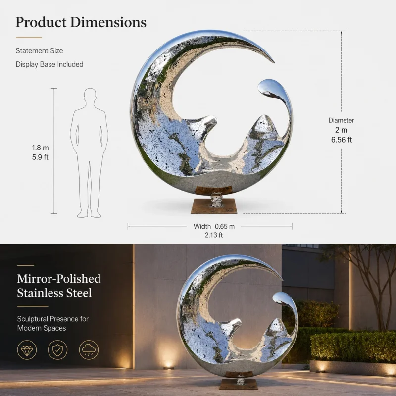 custom.Outdoor Mirror Polished Stainless Steel Wave Sculpture Large Metal Abstract Garden Plaza Hotel Decor with Base Custom Siz